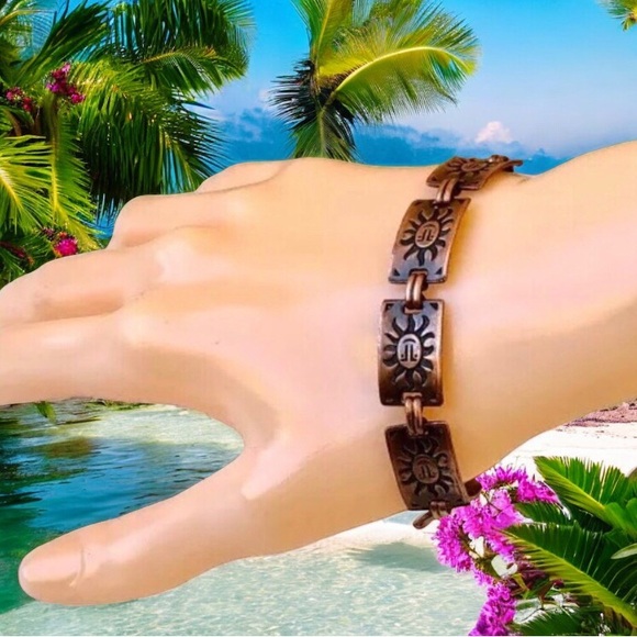 Copper Bracelet Vintage Sun Face Rectangular Links Southwestern Boho - Picture 2 of 11